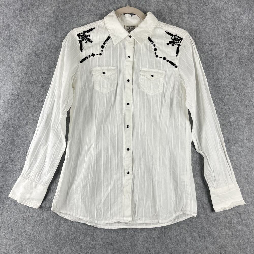 Ariat Western Top Womens Small White Pearl Snap Beaded Rhinestone Cowgirl Rodeo